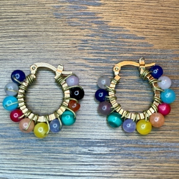 Gold plated Rainbow Colorful bead stone small hoops - Picture 1 of 4